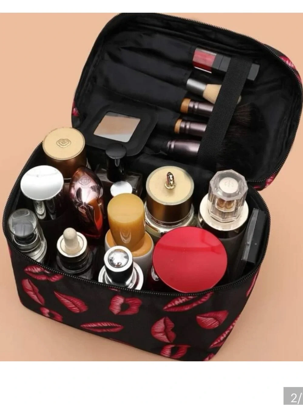 Black Cosmetic Train Case with Pink Lip Print - Women Bags